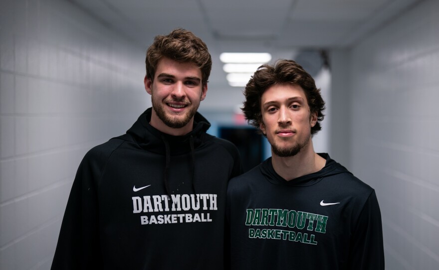 Cade Haskins #2 and Romeo Myrthil #20 of the Dartmouth Big Green, who led the basketball team's unionization drive, pose for a photograph after their game against Columbia Lions in their NCAA men's basketball game on February 16, 2024 in New York City.