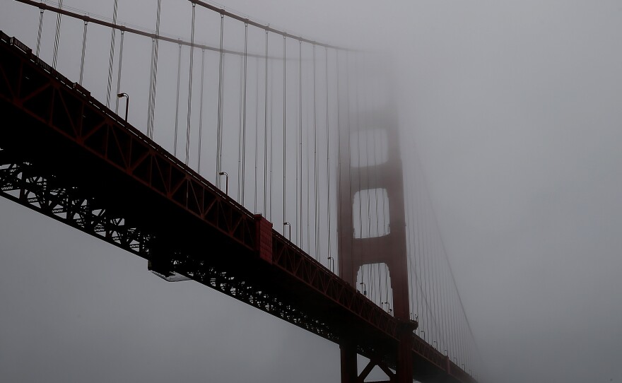 A view of the north tower of the Golden Gate Bridge.