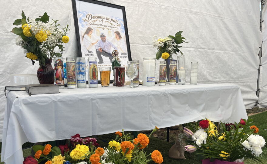 An ofrenda for Guillermo Pascual Vergansa is set up in the backyard of his family's home, Oct. 28, 2026.