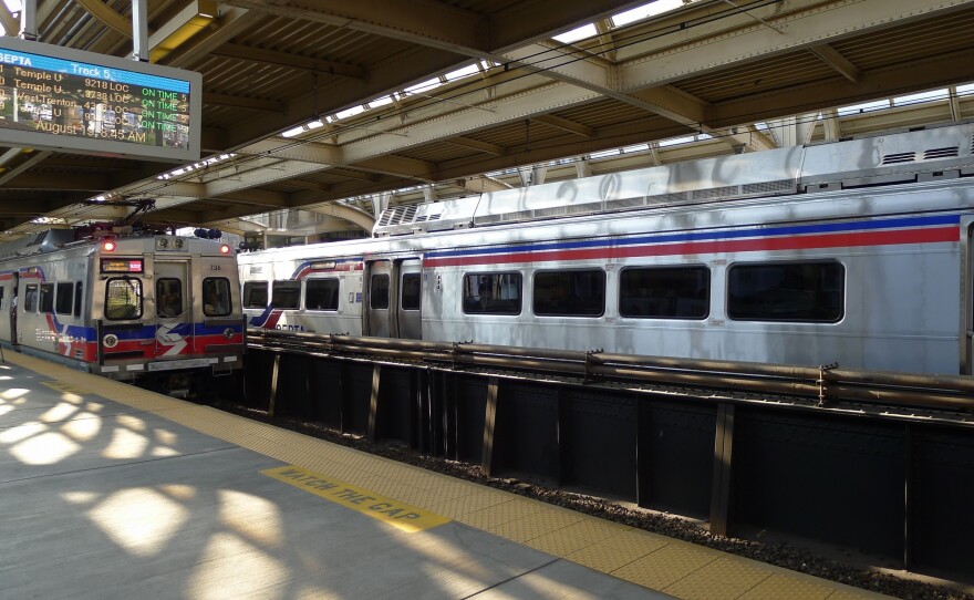 Two SEPTA Silverliner V trains, the newest railcars in the SEPTA fleet, wait in a Philadelphia train station in 2014. All Silverliner V cars have been pulled from service for repairs to significant structural problems.