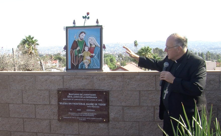 Bishop Robert McElroy consecrates a memorial wall at Our Lady of Mount Carmel Catholic Church in San Ysidro, September 20, 2015.