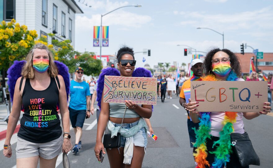 Participants marching in San Diego Pride's Resilience March on July 11, 2021.