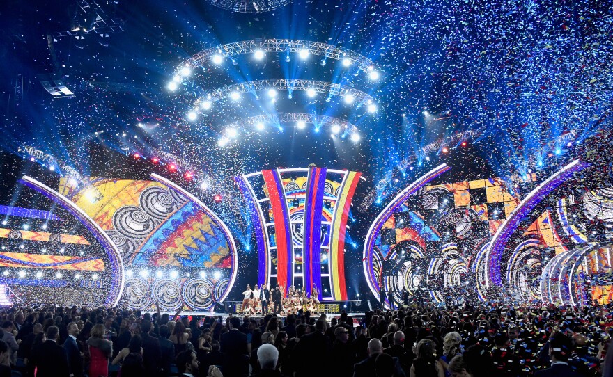 Silvestre Dangond and Nicky Jam perform during the 2015 Latin Grammy Awards at the MGM Grand Garden Arena in Las Vegas.