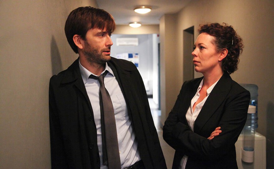 DAVID TENNANT as Alec Hardy and OLIVIA COLMAN as Ellie Miller in a scene from BROADCHURCH Episode 3.