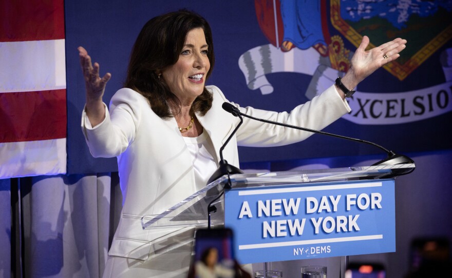 New York Gov. Kathy Hochul, who won the primary, speaks during the Election Night party for governor in New York City on Tuesday.