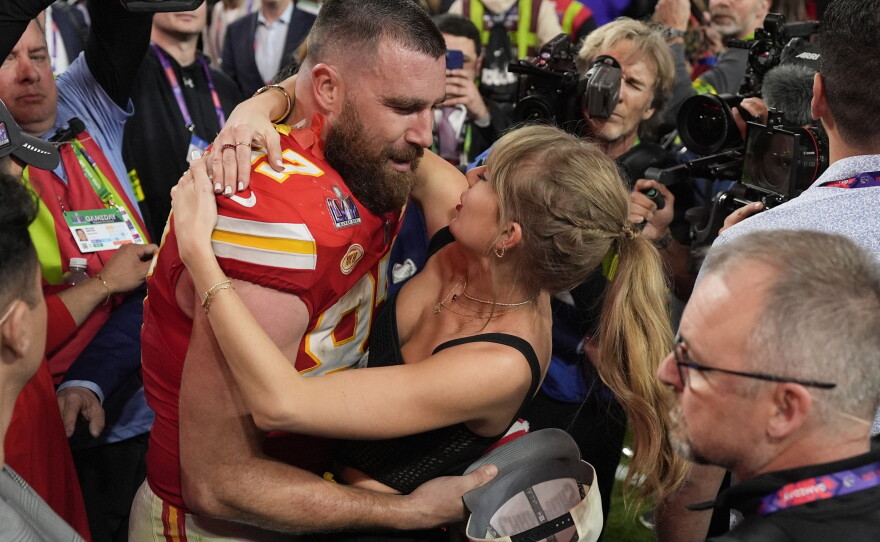 Swift and Kelce celebrate the Kansas City Chiefs' Super Bowl victory in Feb. 2024.