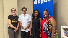 Katie Walkiewicz (left) and Chag Lowry, co-organizers of the inaugural Indigi-Con, stand next to KPBS Midday Edition host Jade Hindmon and Afrofuturism Lounge organizer LaWana Richmond (right) in the Midday Edition studio, July 22, 2025.