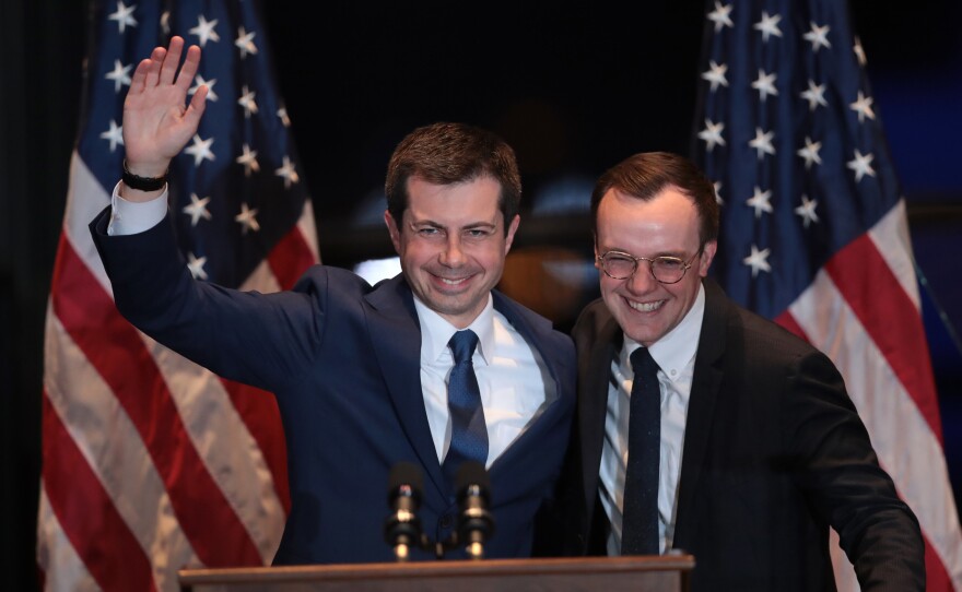With his husband Chasten by his side, former South Bend, Ind., Mayor Pete Buttigieg announces he is ending his campaign to be the Democratic nominee for president on Sunday in South Bend, Indiana.