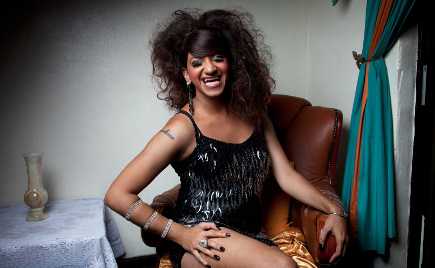 Chedino backstage during a performance of Divas in Cabaret at the Fergus Inn in Elsie's River, Cape Town, South Africa, in 2012. Divas in Cabaret was an LGBTQ lip-sync group started by Chedino that performed covers of songs by Whitney Houston, Gladys Knight and Tina Turner at beauty pageants and other events.