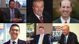 City Councilman Mark Kersey and District 5 candidates Frank Tsimboukakis and Keith Mikas appear on the top row, left to right. District 7 candidates Jose Caballero and Justin DeCesare and City Councilman Scott Sherman appear on the bottom row, left to right.