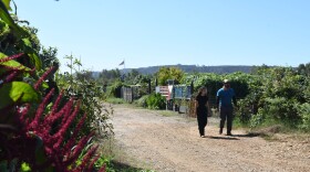 Two people walking in the Tijuana River Community Garden on Wednesday, Oct. 1, 2025.