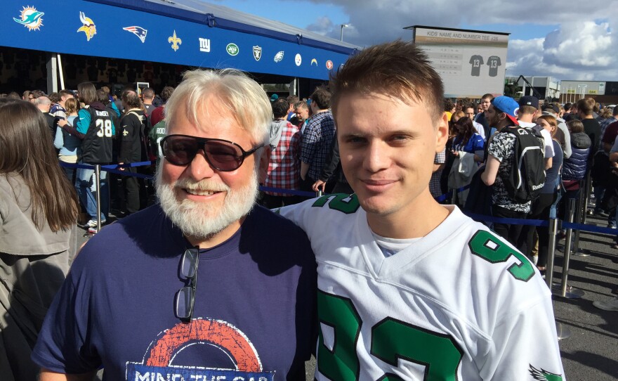 Adrian Schlauri, 24, and his father, Guido, flew into London from Zurich for Sunday's game. Adrian became a football fan while following his dad, who played in an amateur league. Adrian is wearing the vintage jersey of Hall of Fame Philadelphia Eagles defensive end Reggie White.