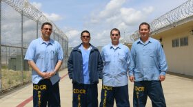 Inmates on the Level II side of Solano State Prison. From left to right: Daniel Hopper, Carlos Leon, and brothers Lance and John Badgett. They all were sentenced to life with the possibility of parole. 