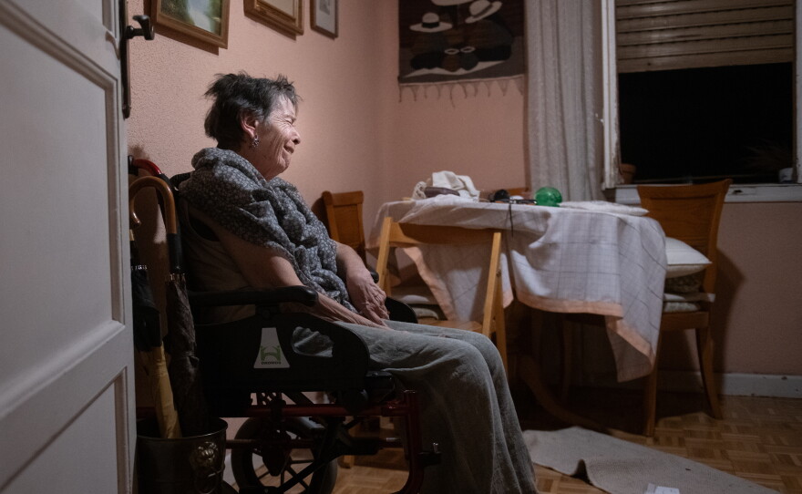Maricarmen, 87, waits at home for police to arrive before being evicted from the home where she lived in Madrid, Spain, Wednesday, Sept. 23, 2026.