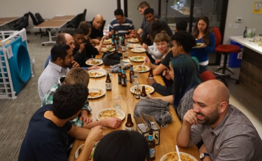 A recent Wednesday community dinner at Clef, a data security startup in Oakland.