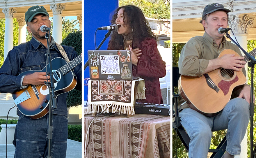 Shua, Divina and James Spaite perform during a taping of KPBS's Sun Drenched Sounds music series at the Spreckels Organ Pavilion in Balboa Park on Jan. 13, 2026.