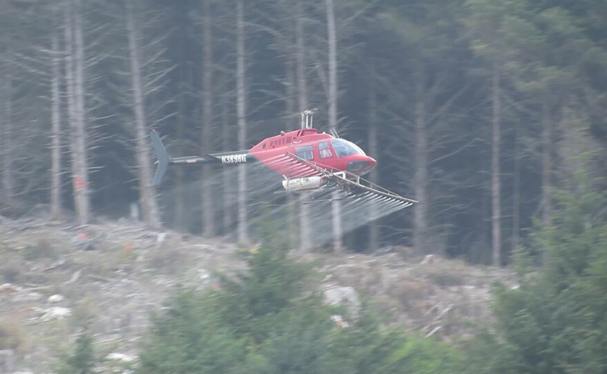 A helicopter spraying herbicide in Ore.