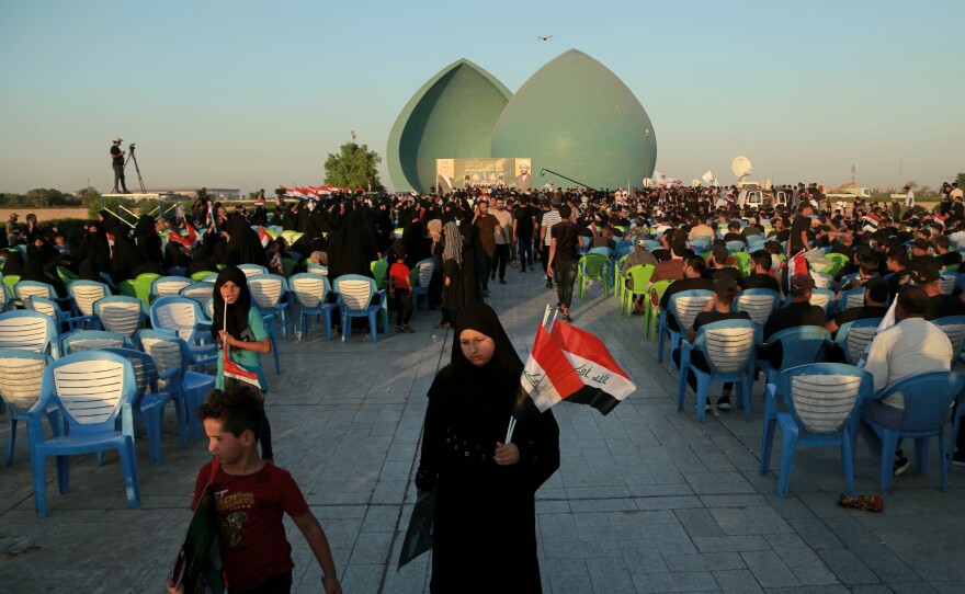 Supporters of Iraq's Al-Fateh Alliance at a rally in Baghdad on Thursday ahead of Sunday's parliamentary elections.