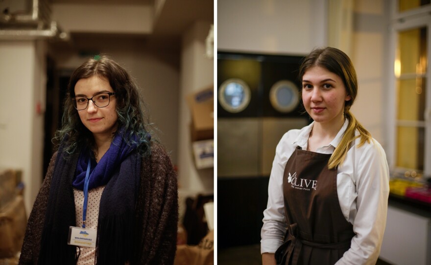 Left: Agnieszka Litman a volunteer, surrounded by piles of clothing stacked five feet high on the tables around her. Right: Anastasia Borets, a student from Ukraine who works in the hotel.