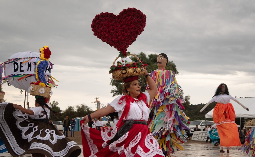 Members of the Oaxacan dance group Candela Valles Centrales perform at a gathering in Valley Center, California on September 21, 2025.