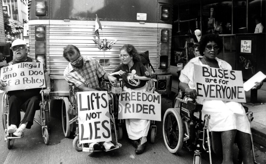 ADAPT (American Disabled for Accessible Public Transit) activists protest for accessible public transportation in Los Angeles, Calif.