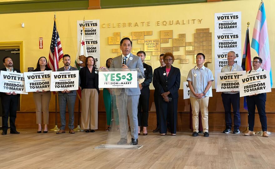 San Diego Mayor Todd Gloria is shown speaking at an event to support Prop 3 at the San Diego LGBT Center on July 23, 2024.