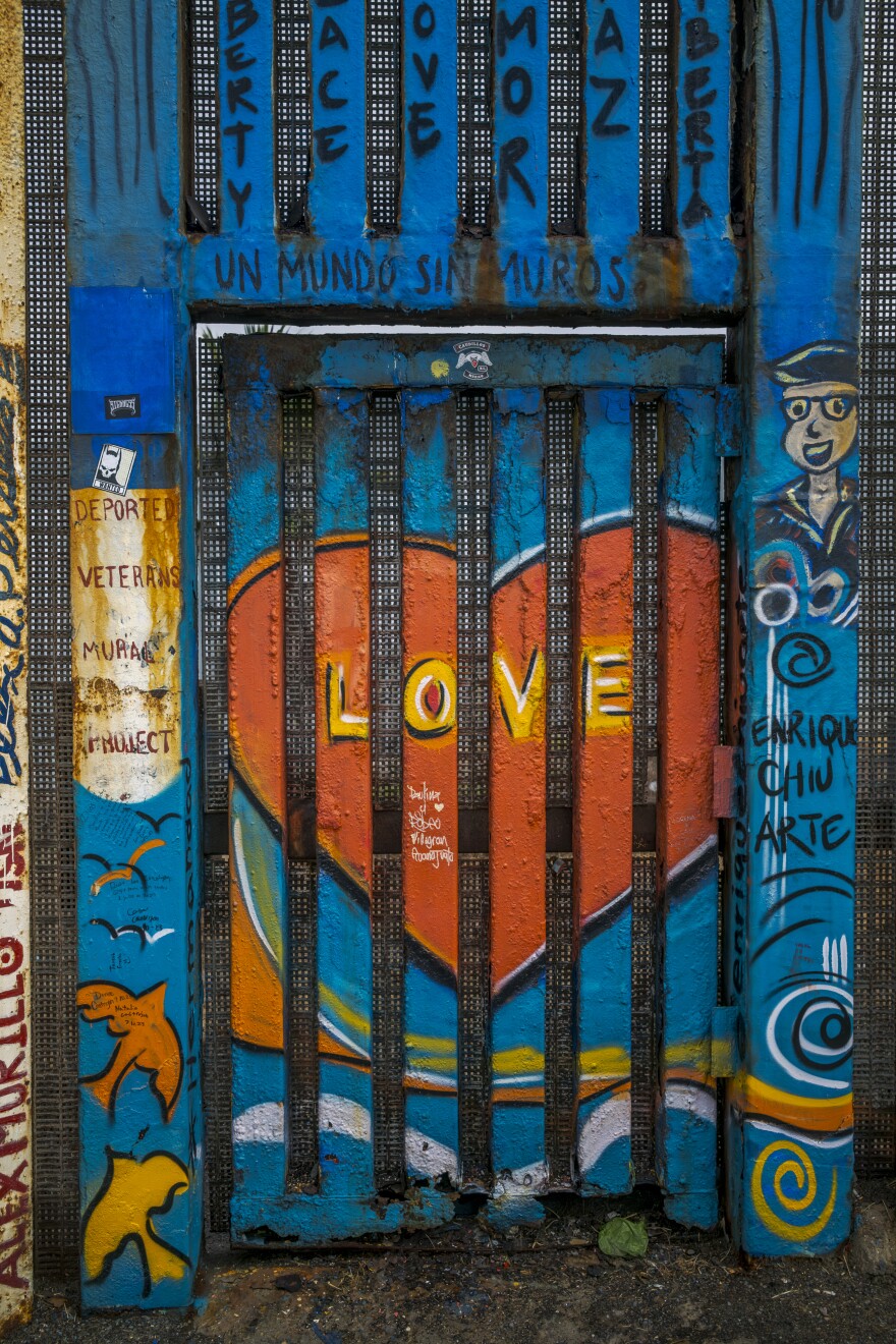 The portion of the border wall at Playas de Tijuana is covered in colorful murals on the Mexican side, Aug. 18, 2023.