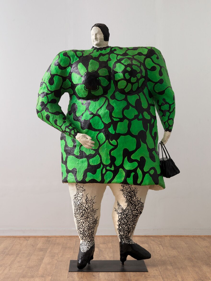 Niki de Saint Phalle's 1968 sculpture, "Madame, or Green Nana with Black Bag."