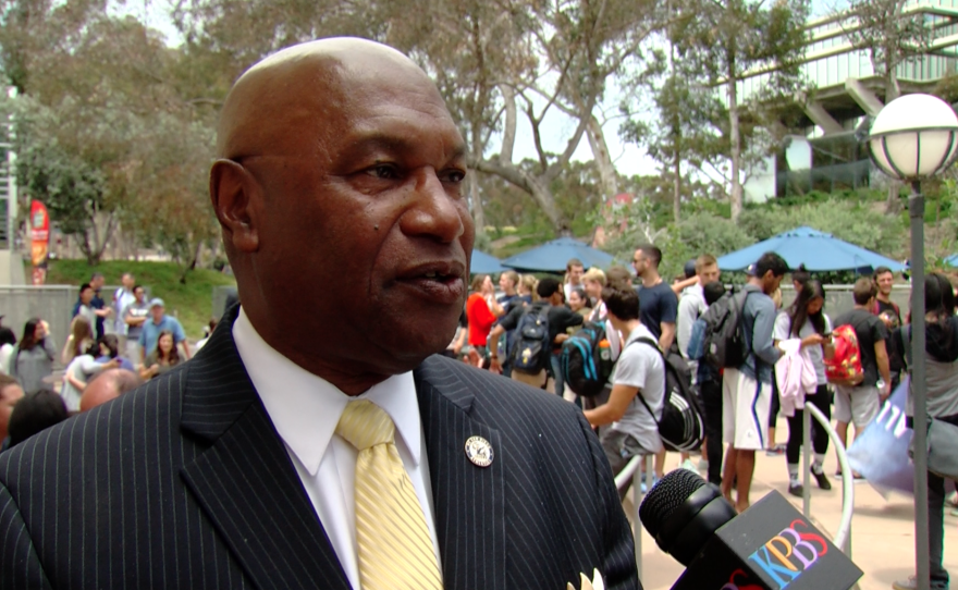 UC San Diego Director of Athletics Earl Edwards discusses the NCAA Division I referendum outside of Roundtable Pizza where the announcement was made, May 24, 2016.