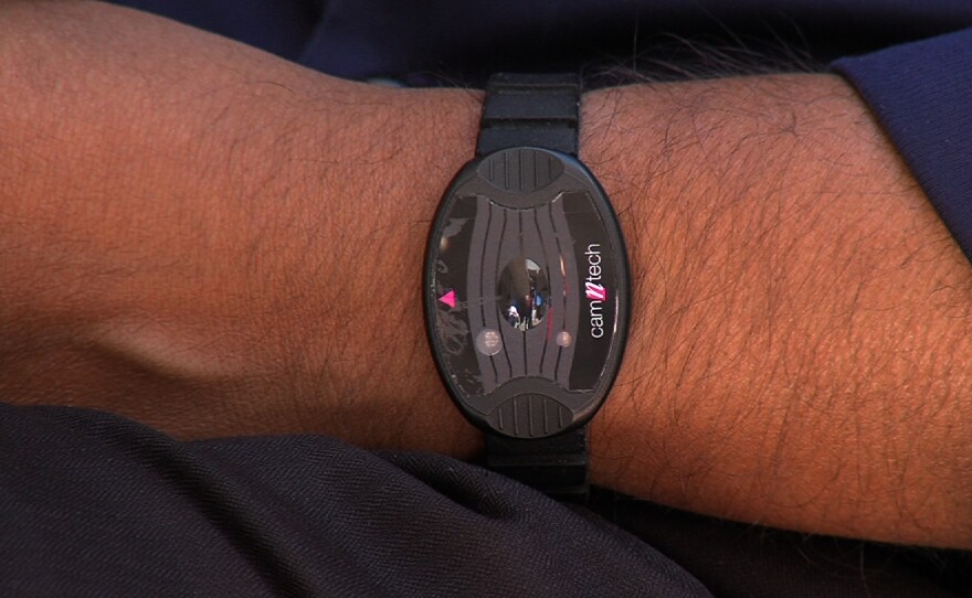A Fitbit-like device that measures movement and the amount of light the wearer is exposed to.