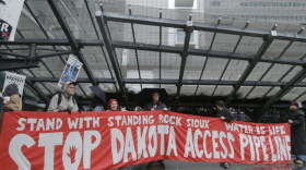 Opponents of the Dakota Access oil pipeline protest at the San Francisco Federal Building in San Francisco, Wednesday, Feb. 8, 2017.
