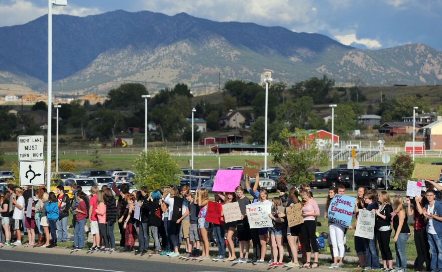 High school students held a protest against a Jefferson County School Board proposal to emphasize patriotism in the teaching of U.S. history, at Ralston Valley High School, Arvada, Colo., in September. The protests were over the Colorado school district's proposal to promote patriotism and de-emphasize civil disobedience in American history classes.