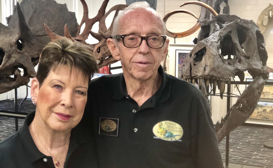 Museum owner Keith Roynon and his wife pose for a photo inside the Roynon Museum of Earth Sciences and Paleontology in Escondido, June 28, 2019.
