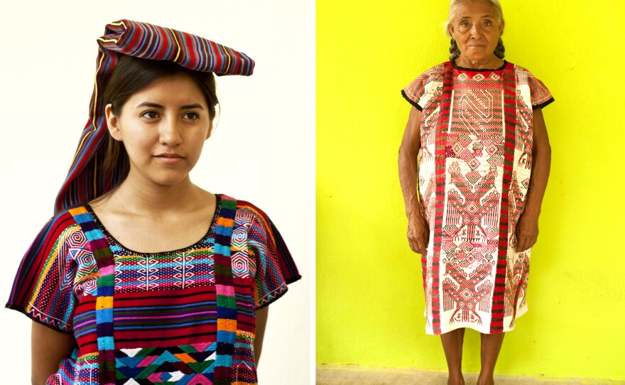 To the left is a fiesta huipil from northern Oaxaca. Carla Fernandez recently visited the region to look for fabrics she might use in future designs; at right, a Quetzalcoatl feathered-serpent fiesta huipil worn by a weaver in San Lucas Ojitlan.