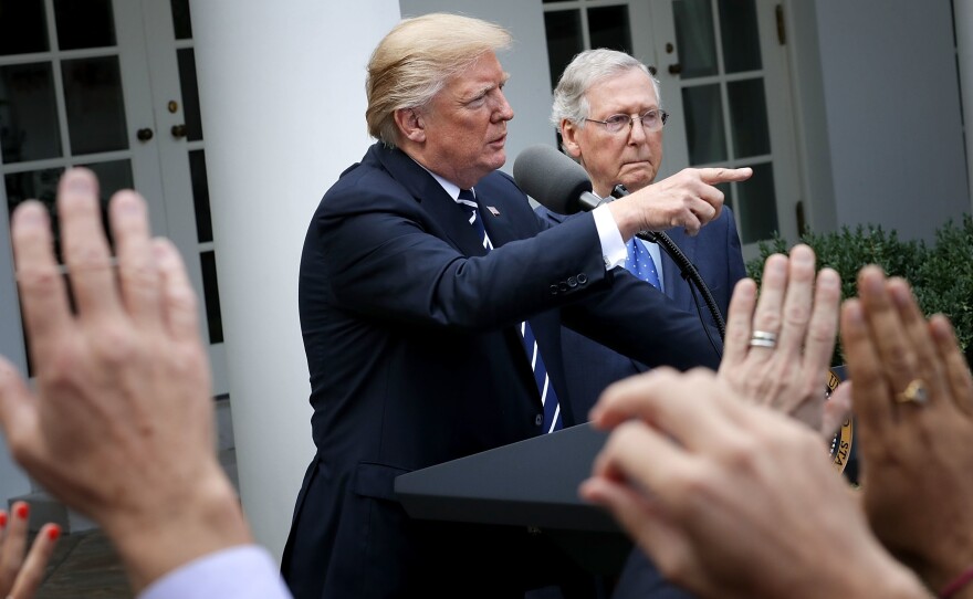 President Trump and Senate Majority Leader Mitch McConnell, R-Ky., talk to reporters in the Rose Garden following a lunch meeting at the White House on Monday. The two tried to downplay reports of divisions between them.