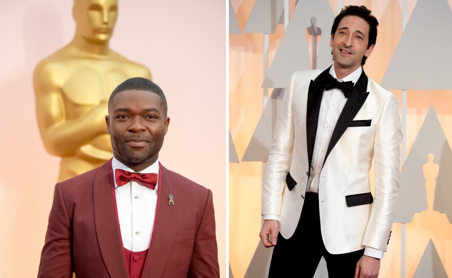 David Oyelowo and Adrian Brody show that actors don't all have to wear a black tuxedo at the 87th annual Academy Awards, Feb. 22, 2015.