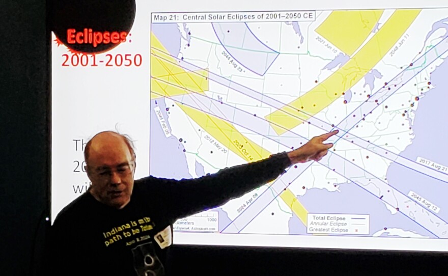 Steve Haines of the Indiana Astronomical Society gives an eclipse presentation to students at Sunny Heights Elementary School in Indianapolis on March 8.