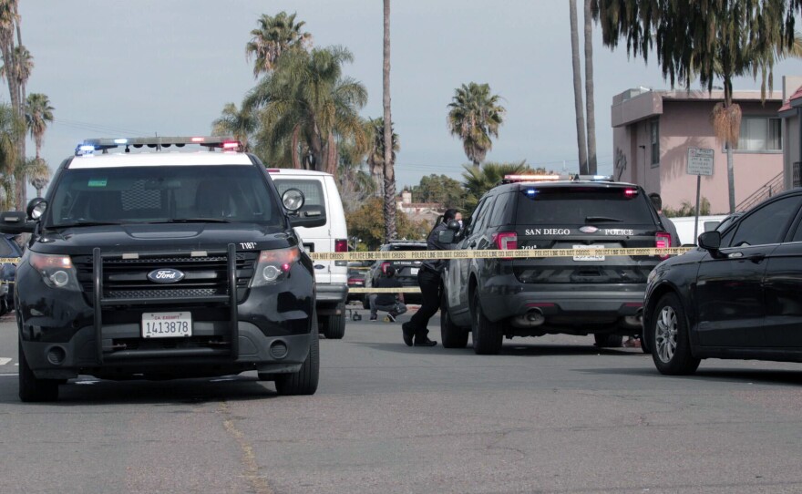 Police block Kansas Street in the North Park neighborhood of San Diego after a man was fatally shot, Feb. 1, 2021.