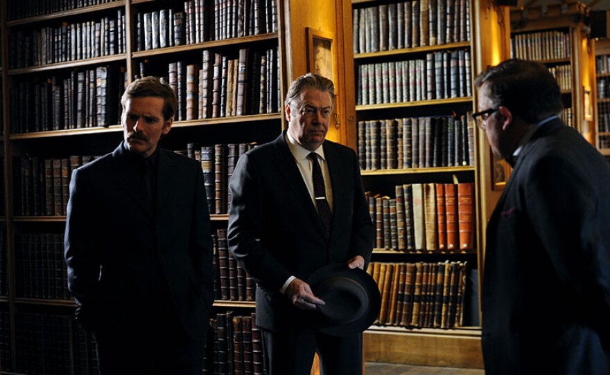 Pictured from left to right: SHAUN EVANS as Endeavour, ROGER ALLAM as DI Fred Thursday and JAMES BRADSHAW as DR Max DeBryn.