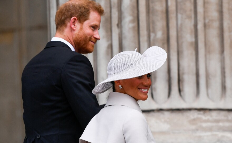 <strong>June 3:</strong> Prince Harry, Duke of Sussex and Meghan, Duchess of Sussex arrive for the National Service of Thanksgiving to Celebrate the Platinum Jubilee of Her Majesty The Queen at St Paul's Cathedral.