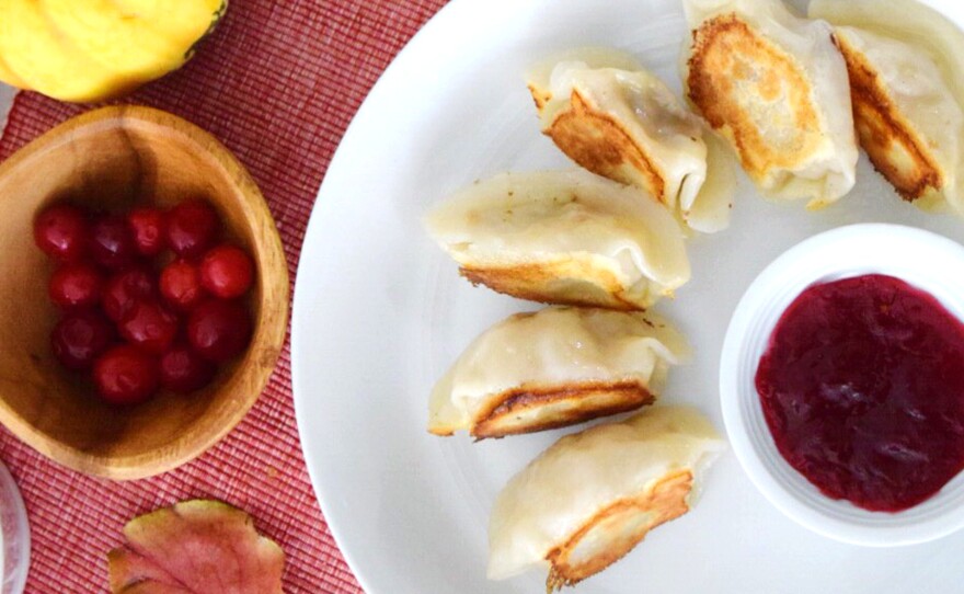 Mimi Cheng's Dumplings, a restaurant in New York City, has a November special: Thanksgiving dumplings filled with turkey, stuffing and gravy and served with cranberry sauce.
