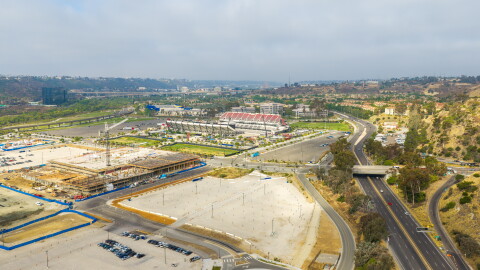 An undated aerial photo shows construction underway at SDSU Mission Valley.