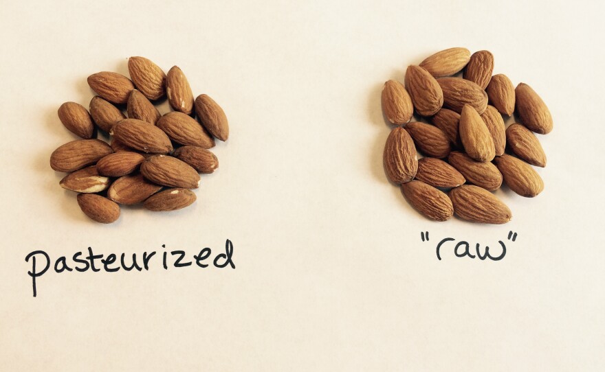 Left: Raw California almonds that have been pasteurized, as required by law. Right: Unpasteurized almonds, which some critics argue are the only really "raw" nuts.
