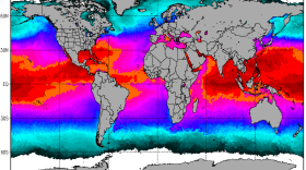 Warming sea surface temperatures in the Equatorial Pacific Ocean, shown in red, signal a strengthening El Niño, July 2015.
