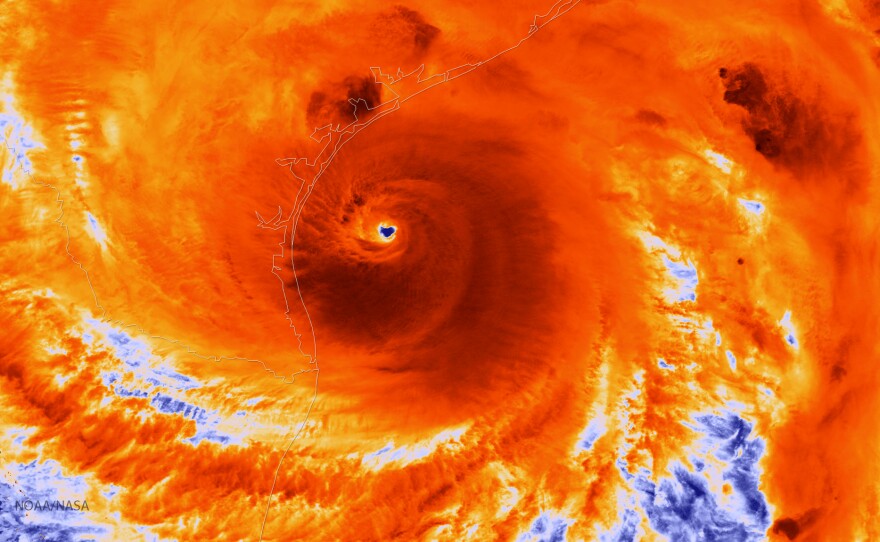 An infrared satellite image shows Hurricane Harvey just prior to making landfall on Aug. 25, 2017. Warm water in the Gulf of Mexico fed heavy rains, according to new research.