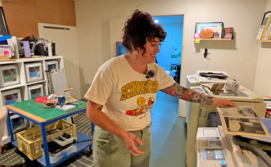 Amanda Bernal operating one of the Risograph printers in their small print shop at the back of Burn All Books. April 7, 2026