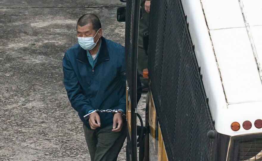 Jimmy Lai, publisher of the China-skeptic Apple Daily newspaper, is seen in custody in Hong Kong on Thursday. Charged with fraud, he can expect to be in custody until at least April 16, when his case will be heard next.