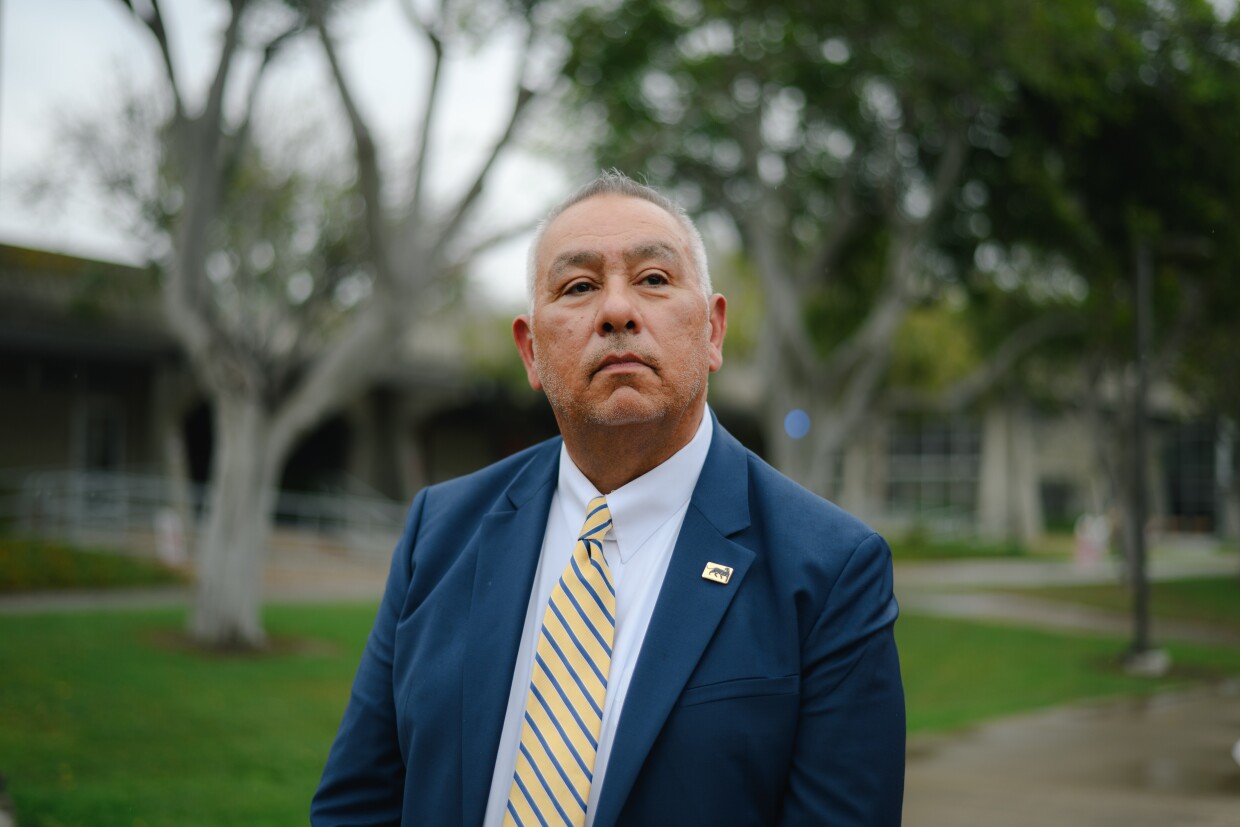 Southwestern College Superintendent Mark Sanchez stands for a portrait on campus in Chula Vista, California, on Aug. 28, 2025.