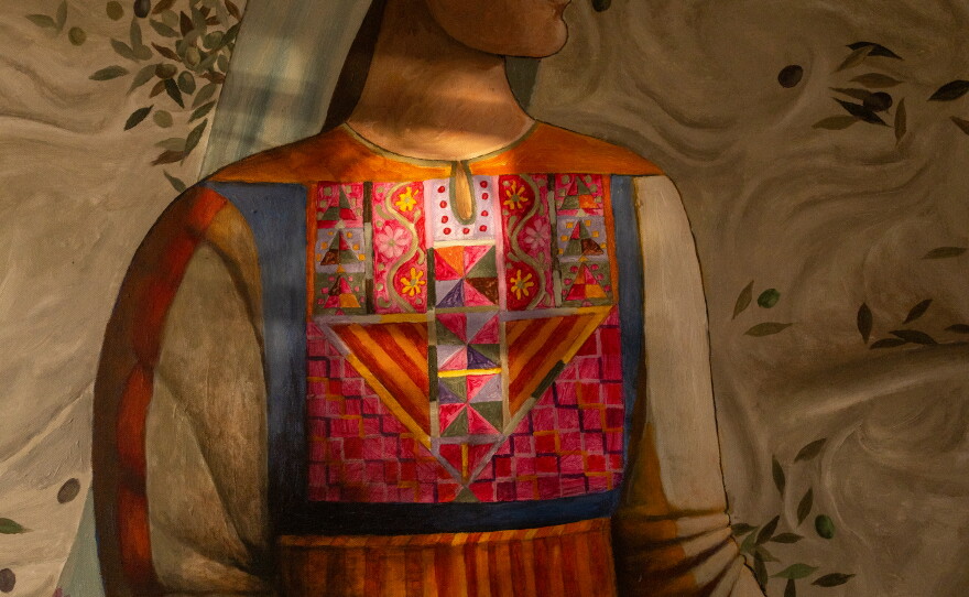 A detail view of a paintng by Sliman Mansour at his home.