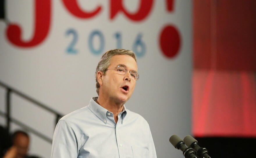 Jeb Bush's campaign logo, seen here during his June campaign kickoff in Miami, emphasizes his first name.